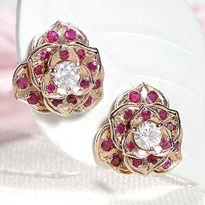 H&C K18 PG ルビー&ダイヤモンド 薔薇 ピアス ダイヤ 人気 ダイヤモンド バラ ルビー ばら ゴールド レディース  ギフト 誕生日 ご褒美 tsunop0023の画像