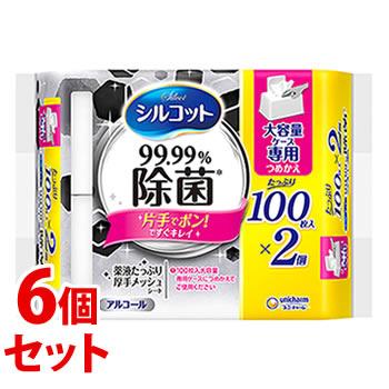 《セット販売》　ユニチャーム シルコット 99.99％ 除菌ウェットティッシュ 大容量ケース 専用 つめかえ用 (100枚×2コ)×6個 詰め替え用 防災　送料無料（Yahoo!・ツルハドラッグ ヤフー店）
