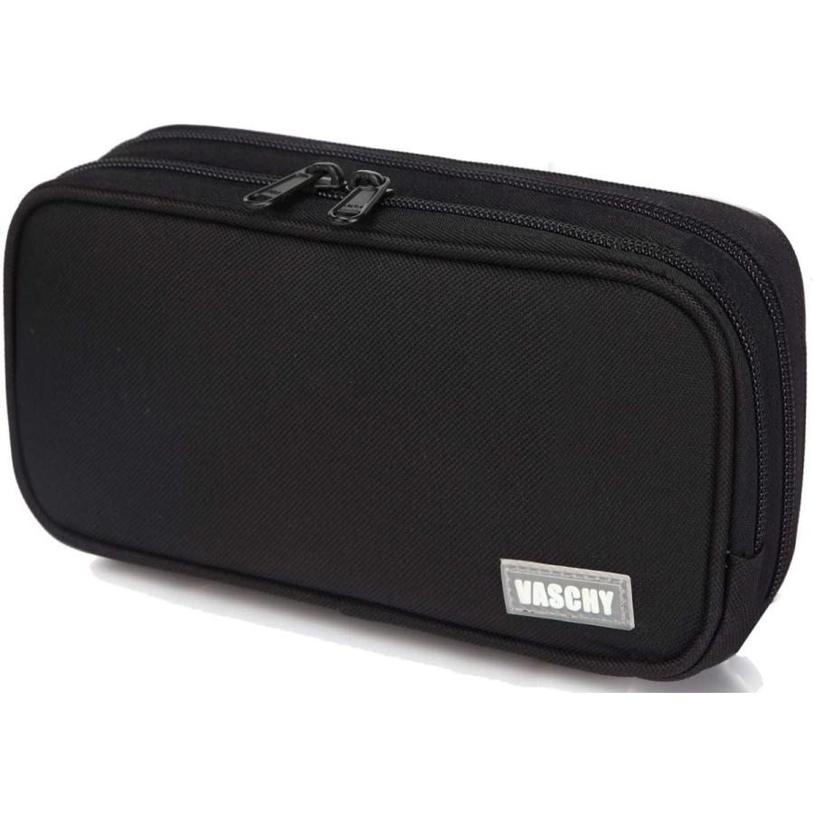 Vaschy ペンケース 大容量 学生用 大人 社会人 シンプル 筆箱 男の子 ダブル 黒 ペンポーチ 女の子 内ポケット 商い 多機能