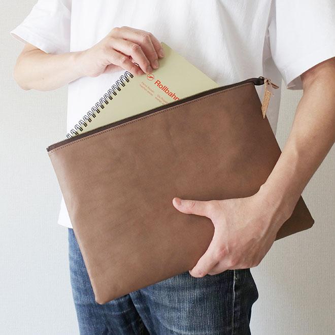 本革 フラットポーチ【 A4書類 】が入る【脱クロムレザー】マチ無し