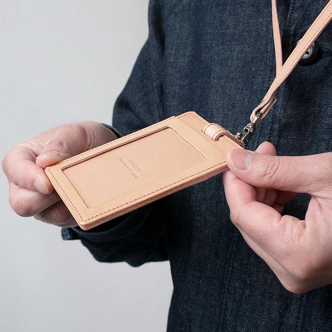 縦型】IDカードケース & ネックストラップ【素ヌメ革】ダブルの安全