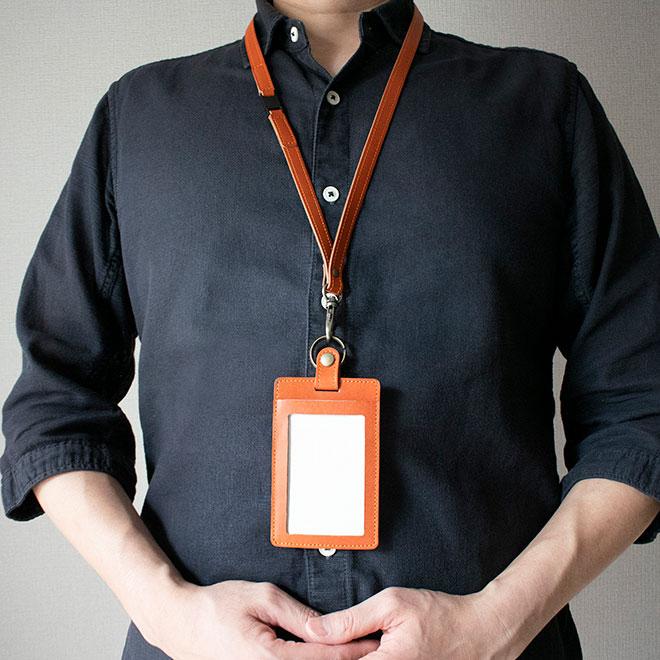 縦型】IDカードケース & ネックストラップ【脱クロムレザー】ダブルの