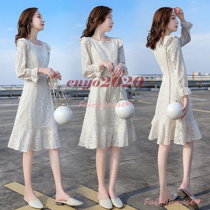 レースワンピース レディース 40代 秋冬 長袖ワンピース 白レース透かし彫り 膝丈ワンピース フレアスカート オシャレ通勤 大人 上品 30代 50代 パーティー 品質満点