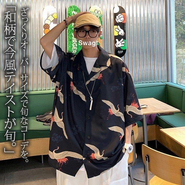 鶴柄 シャツ 和柄 和風 ビッグシャツ メンズ シャツ 柄シャツ 総柄 半袖 ビッグシルエット 韓国 ファッション メンズ 涼しい 半袖シャツ Pf Ttapストア 通販 Yahoo ショッピング