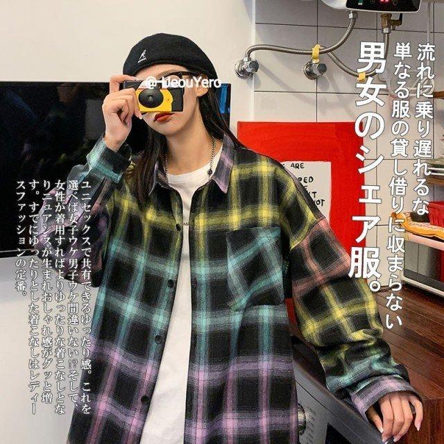 長袖シャツ 韓国 ファッション グラデーション チェック柄 ロングスリーブ ボタンダウンシャツ 男女 シェア服 メンズ レディース ユニ Pfa6 Ttapストア 通販 Yahoo ショッピング