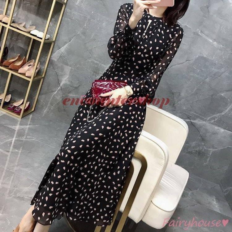 男女兼用 秋服 マキシワンピース きれいめ 40代 レディース ワンピース 長袖ワンピース 50代 30代 体型カバー 大人 オシャレお出かけ ラインスカートひざ下 ドット柄 ワンピース サイズ Xl Www We Job Com