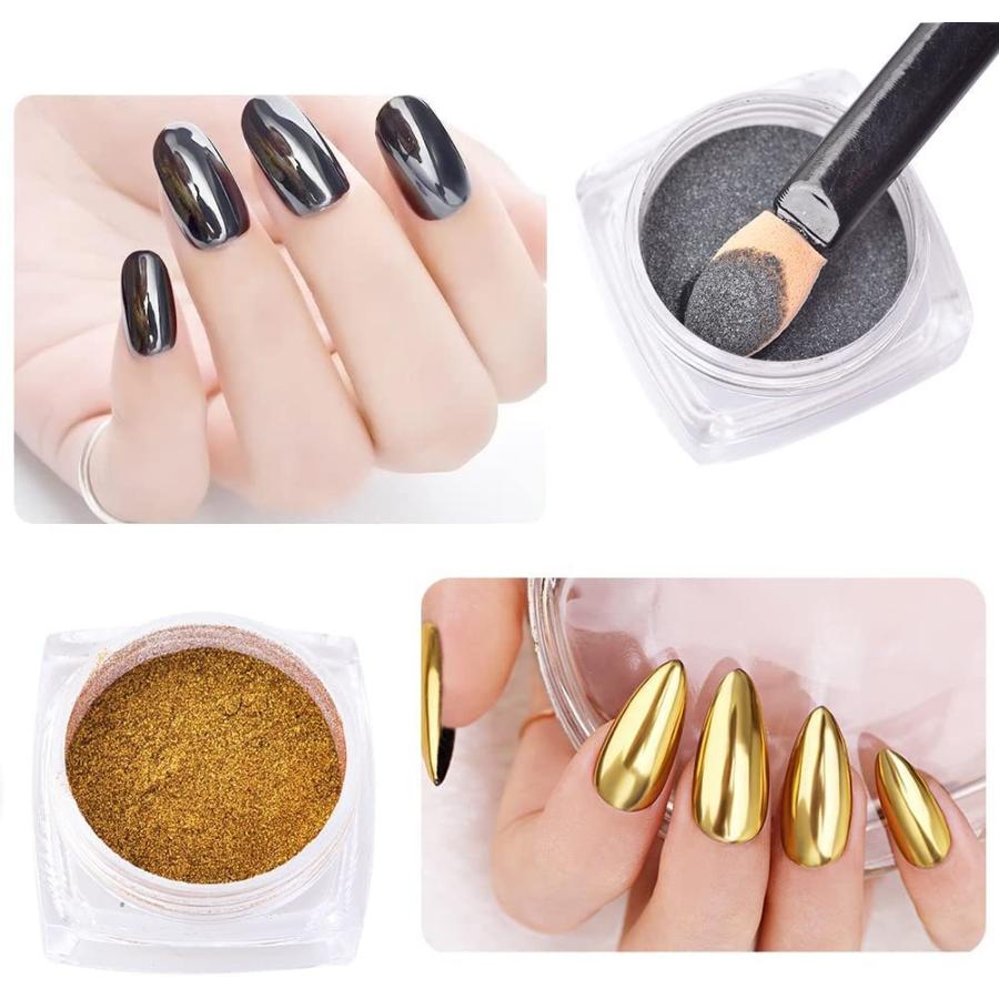 ブラックミラーパウダー メタリッククロームパウダー 2瓶 ゴールドブラックネイルアートミラー グリッターエフェクト クローム顔料パウダー ダストマニキ
