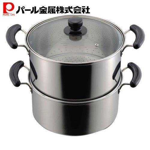 パール金属 - だんらん ステンレス鋼製 玻璃蓋 付 深型 2段 蒸し器 28珊 H-4795 調理器具-鍋、グリル-せいろ、蒸し器