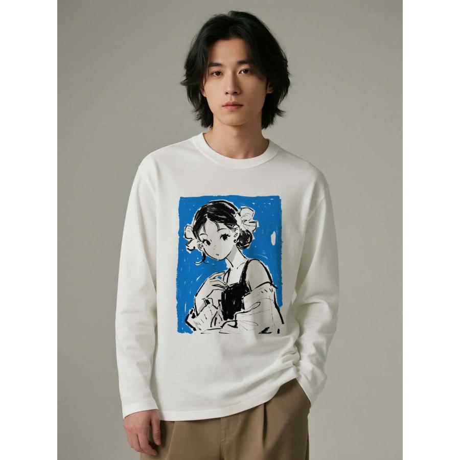 アニメアートプリント コットン長袖Tシャツ ユニセックス ブルー背景