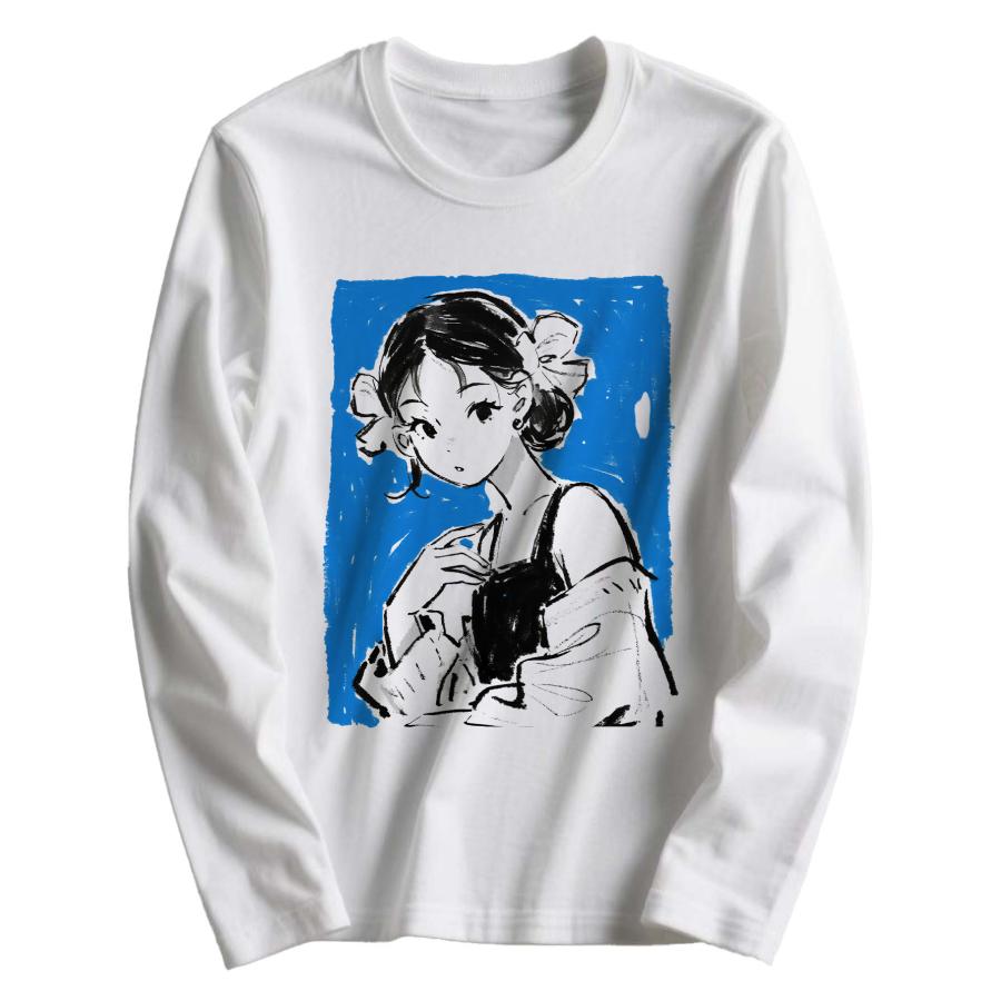 アニメアートプリント コットン長袖Tシャツ ユニセックス ブルー背景