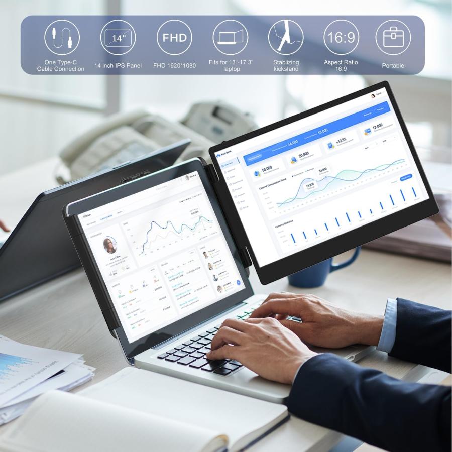 14インチノートパソコン画面エクステンダー 1080P FHD IPS ポータブルモニター拡張 USB-C/HDMI搭載13~17.3インチのノートパソコン用 T-S1｜ttsj2｜02