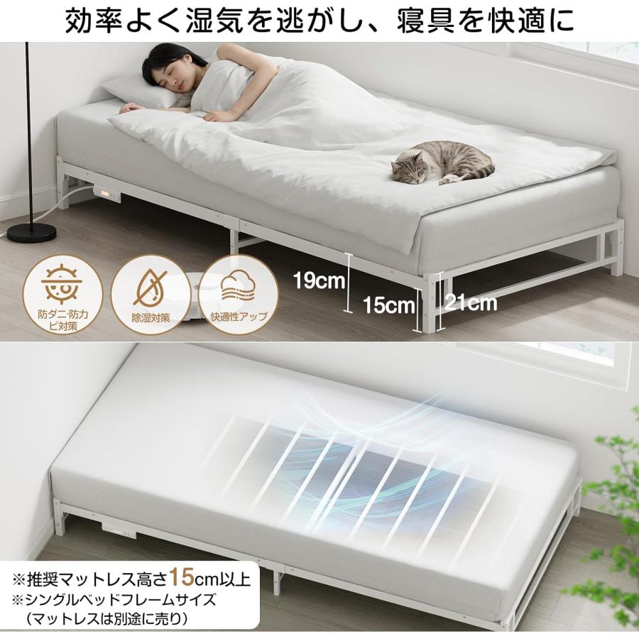 ベッドフレーム シングル ロータイプ 組立式 コンセント付 ブラック ベッドフレーム シングル 高さ15cm LEDライト付きコンセント