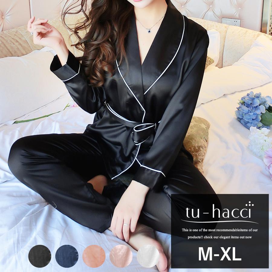 半額 パジャマ レディース ルームウェア ガウン風サテンセットアップ 長袖5colorネイビー ホワイト サーモンピンク ブラック ピンク Tu Hacci R112 Tu Hacci ツーハッチ 通販 Yahoo ショッピング