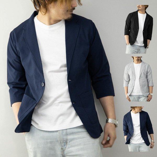 新しいブランド ジャケット テーラードジャケットジャケット夏春ビジネスオフィス黒7 テーラードジャケットジャケット 夏春ビジネスオフィス黒7分袖無地シアサッカーサマージャケットカジュアルアウターユニセックスメンズ Www Threeriversofs Com