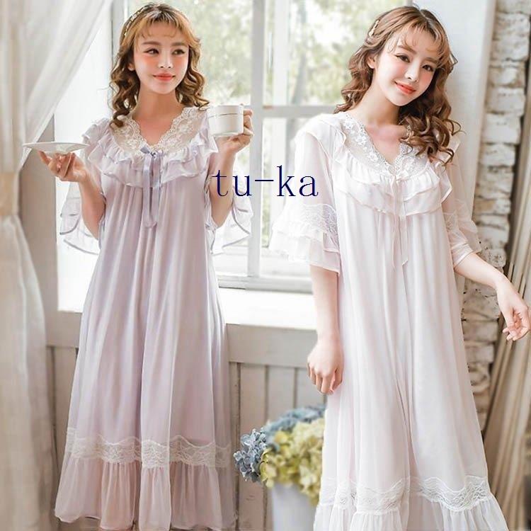高質 姫系 レース レディース 4色 新作 かわいいレディース姫系レースチュールネグリジェ ネグリジェ ナイトウエア パジャマ ルーム ワンピース フリル ロリータ 夏 春 ロング丈 五分袖 寝巻き 下着 靴下 部屋着 Www Croftheadholidaypark Co Uk