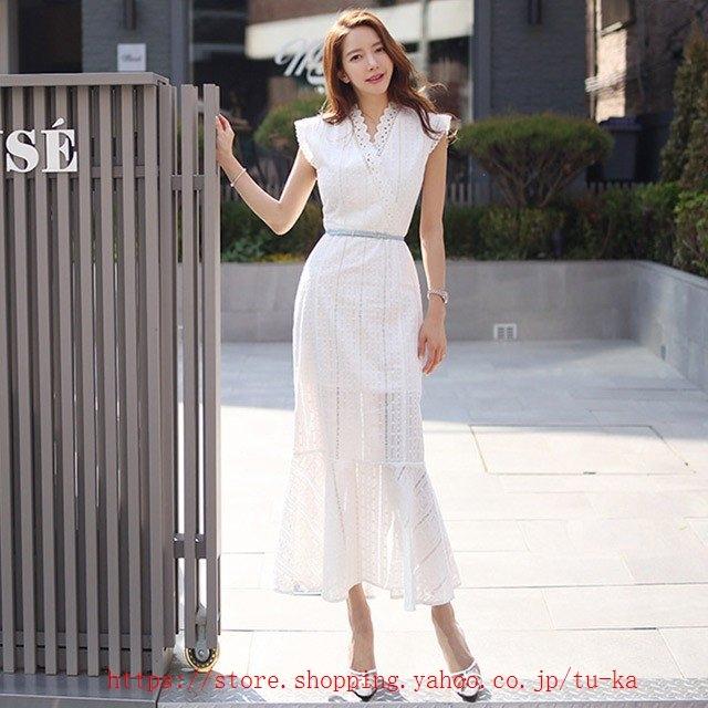 レース タイトワンピース マーメイド ロング丈 白 ワンピース レディース ハイウェスト ホワイト 代 30代 40代 セクシー 通勤 夏 Vネック オープニングセール