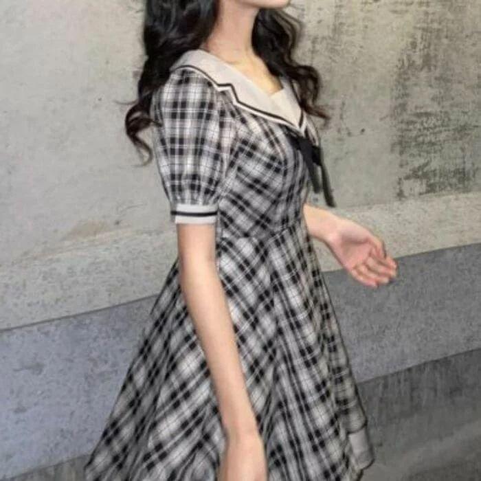 お得な情報満載 ワンピース ファッション 高校生 中学生 チェック 146 レディース おしゃれ 韓国 代 10代 半袖 夏 通学 通勤 カジュアル ミニワンピース セーラーカラー ワンピース Size M Fdctheclub Com