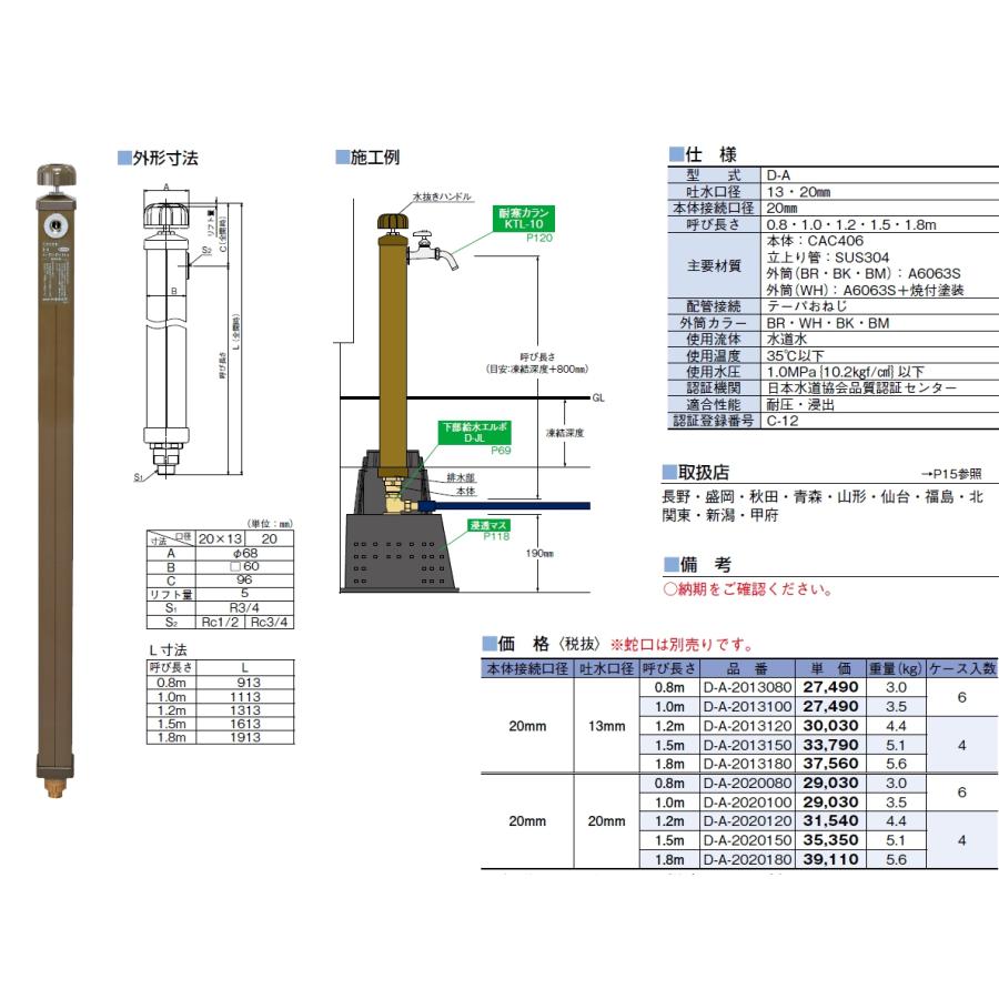 ◎竹村 不凍給水栓 D-A (D-A-2020100) 20mm×1.0m（竹村製作所