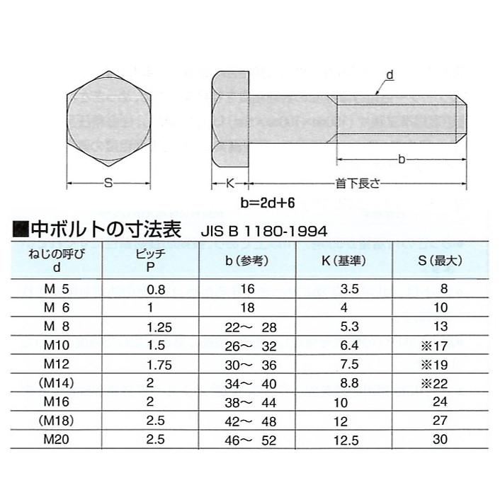 六角ボルト（鉄／ユニクローム）半ねじ M20×100 Ｐ2.5 中ボルト : rb-m