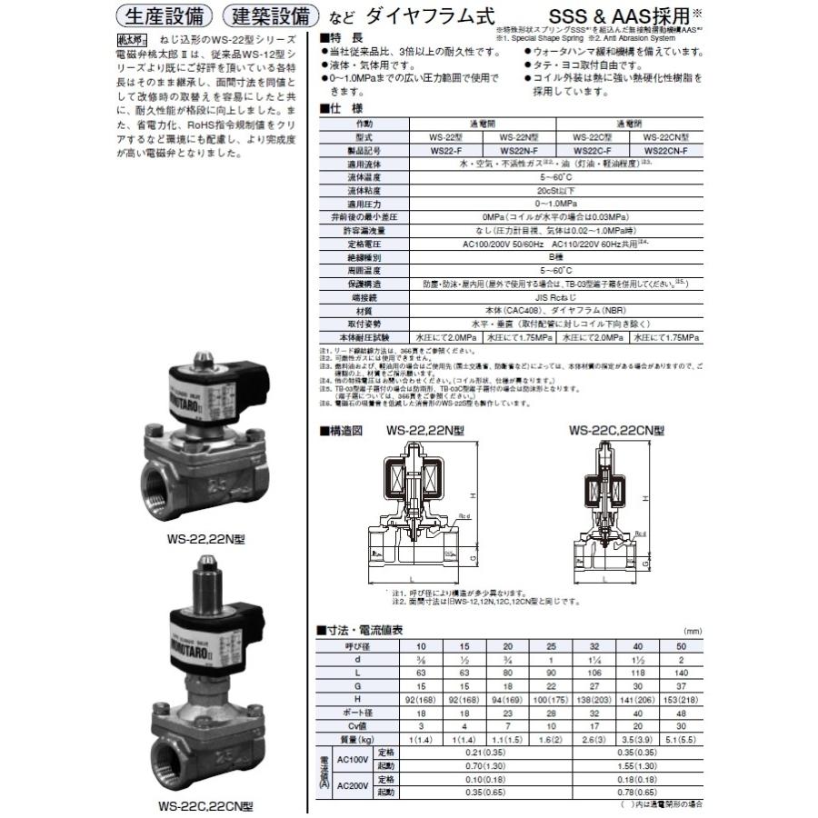 ベン:電磁弁 桃太郎2 青銅電磁弁(ねじ込・通電開・ダイヤフラム式) ＜WS22-F＞ 型式:WS22-F-20A  ☆送料無料☆最短翌日出荷☆｜tugiteyasan｜02