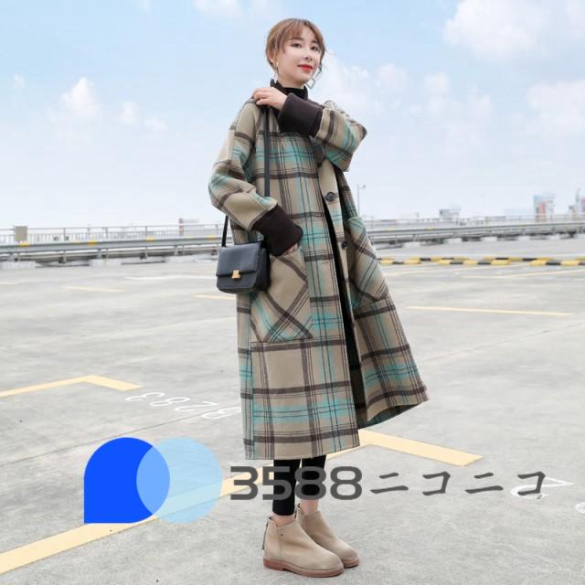 値頃-ノーカラーコート チェックコート レディース アウター 冬 ロング