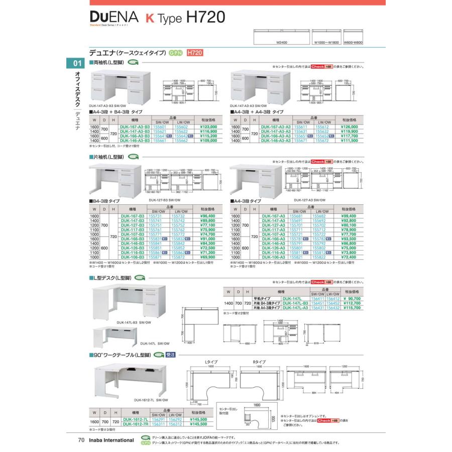 オフィスデスク　片袖机 DUK-106-A3 SW/OW 品番 155821 イナバ 稲葉