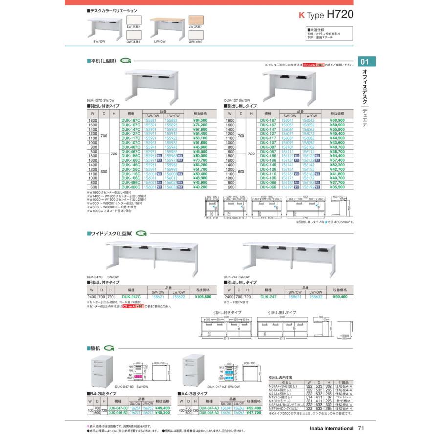 オフィスデスク　平机 DUK-107 引出無 LW/OW 品番 156092 イナバ 稲葉