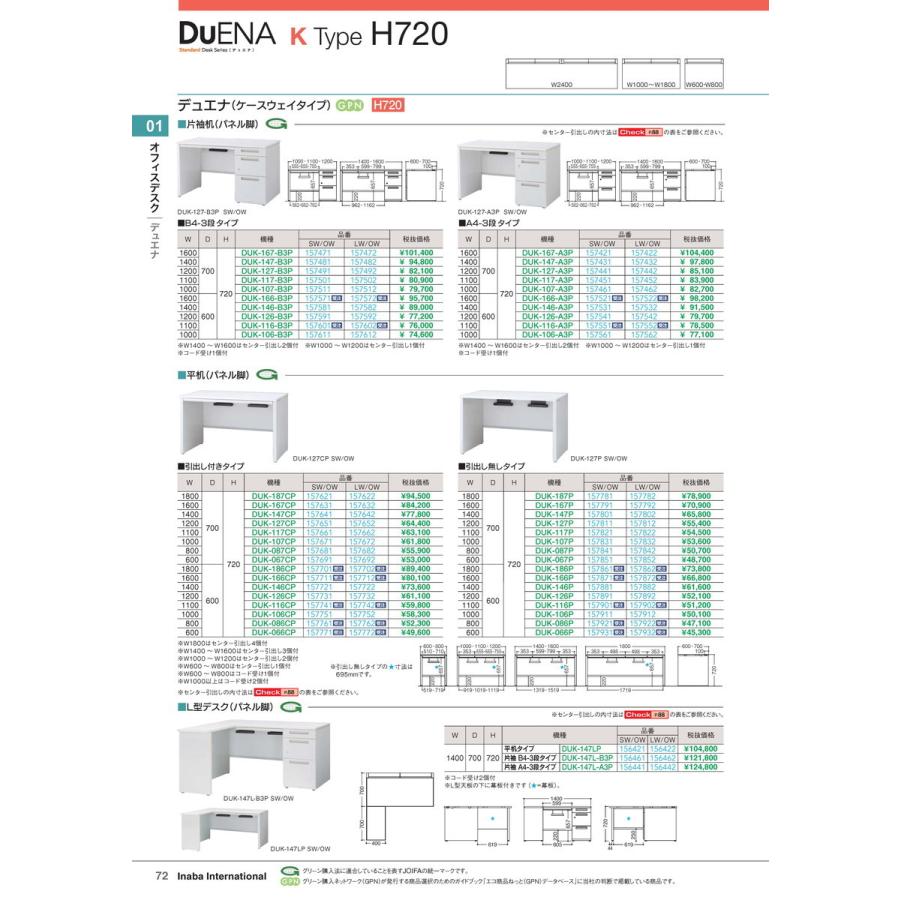オフィスデスク 平机 DUK-186P 引出無 LW/OW 品番 157862 イナバ 稲葉