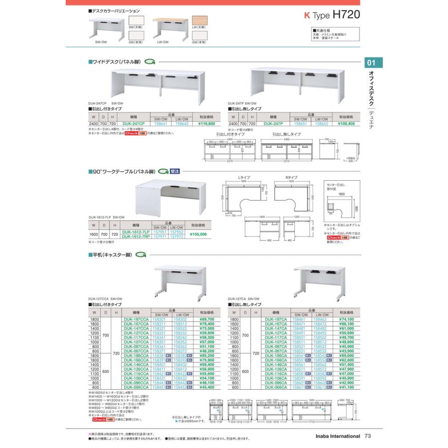 。。。。。様 オフィスデスク 平机 DUK-187CA 引出無 LW/OW 品番 158462 イナバ 稲葉