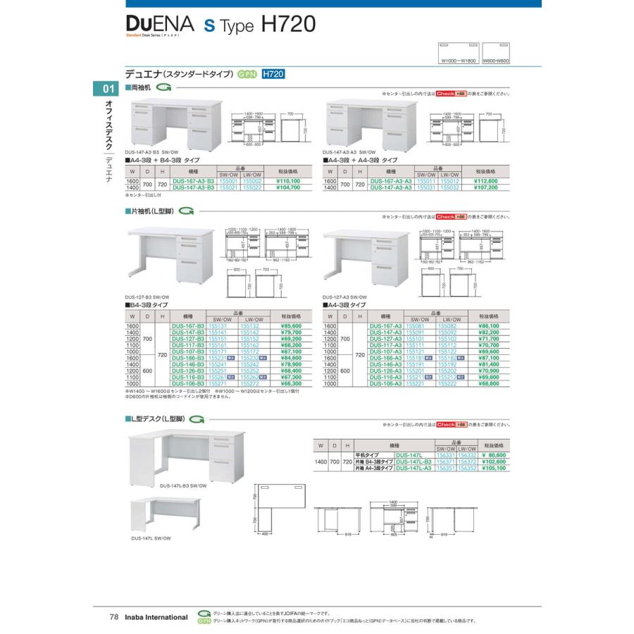 ナツ オフィスデスク 両袖机 DUS-167-A3・B3 SW/OW 品番 155001 イナバ 稲葉
