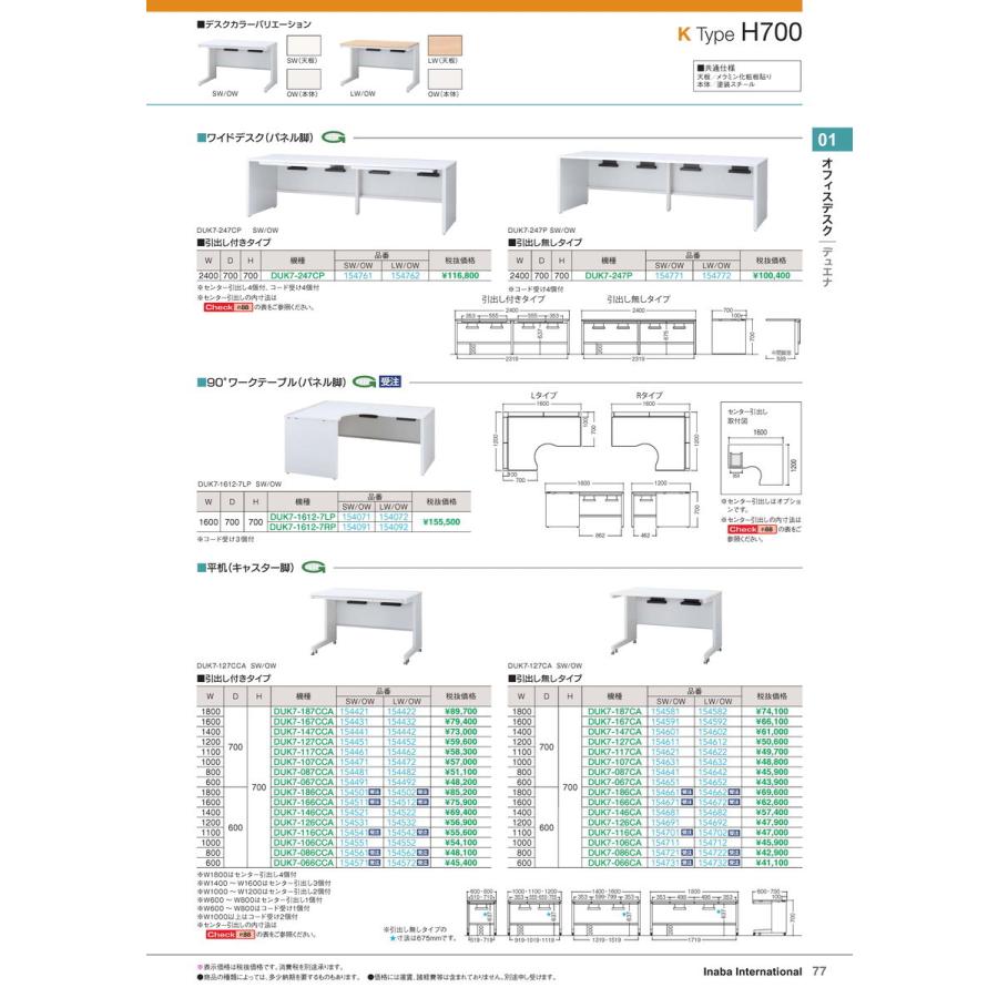 オフィスデスク　平机(キャスター脚) DUK7-147CCA LW/OW 品番 154442 イナバ 稲葉