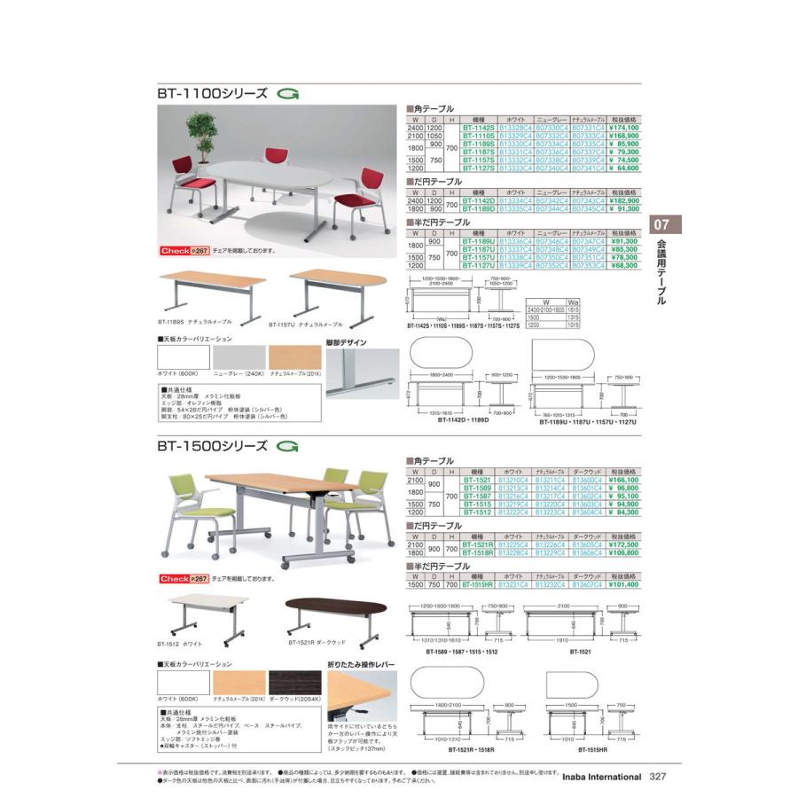 会議用テーブル　BT-1515HR 半だ円テーブル ホワイト 品番 B13231C4 イナバ 稲葉
