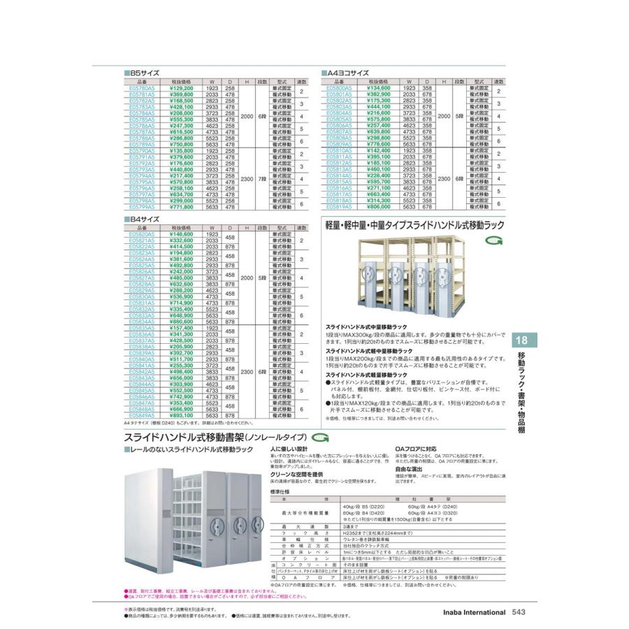 移動ラック・書架・物品棚　スライドハンドル式書架/移動ラック 複移4 B5/7段 品番 E05795A5 イナバ 稲葉