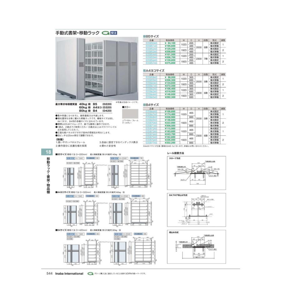 移動ラック・書架・物品棚　手動式書架移動ラック 複移2 B5/6段 品番 E05853A5 イナバ 稲葉