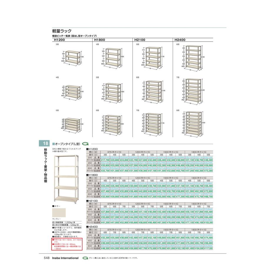 移動ラック・書架・物品棚　軽量ラックL型 5段 サングレー 120-30-120 品番 E05206A5 イナバ 稲葉
