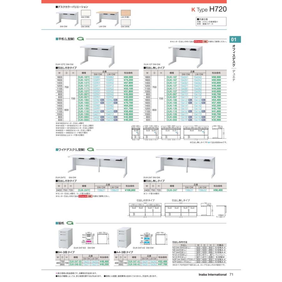 オフィスデスク　平机 DUK-106 引出無 SW/OW 品番 156171 イナバ 稲葉