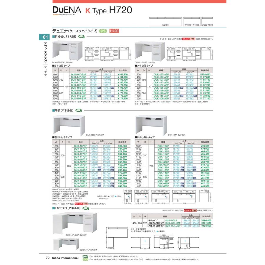 オフィスデスク 片袖机 DUK-116-B3P LW/OW 品番 157602 イナバ 稲葉