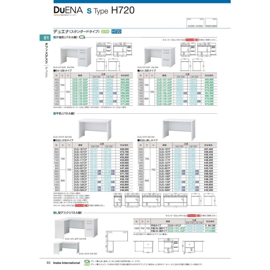 オフィスデスク　平机 引出付 DUS-086CP LW/OW 品番 157242 イナバ 稲葉
