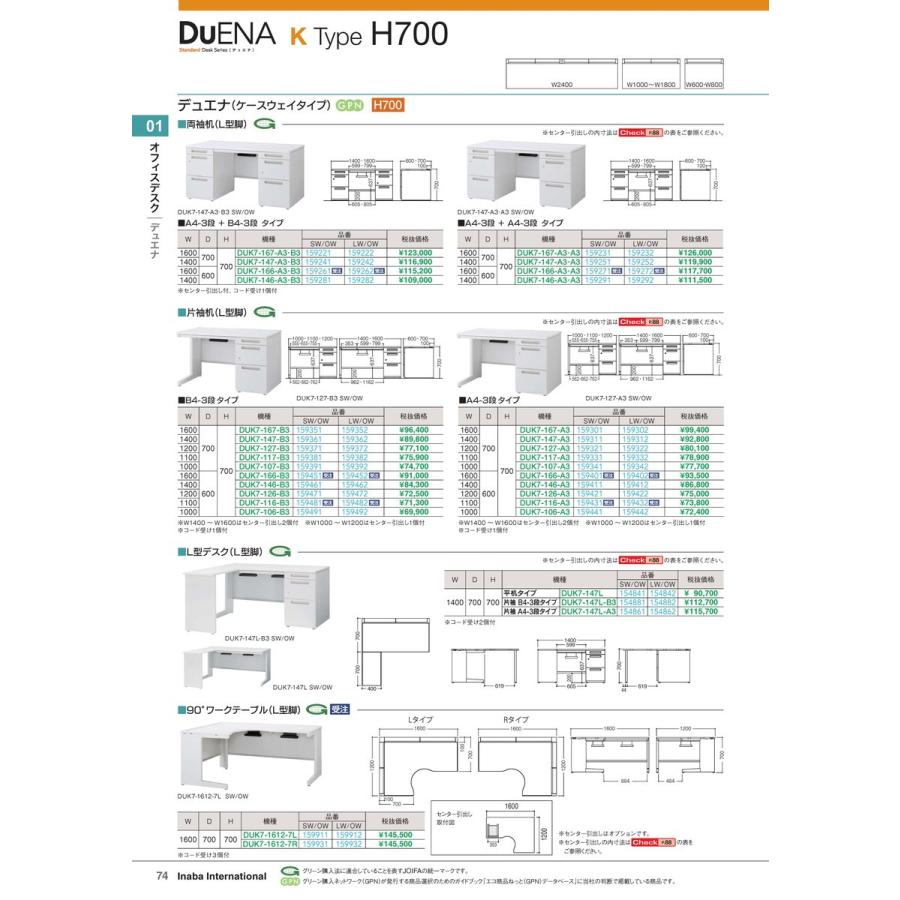 オフィスデスク　片袖机 DUK7-106-B3 SW/OW 品番 159491 イナバ 稲葉