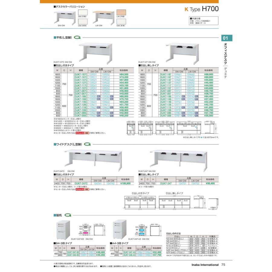 オフィスデスク　平机 DUK7-106C LW/OW 品番 159632 イナバ 稲葉