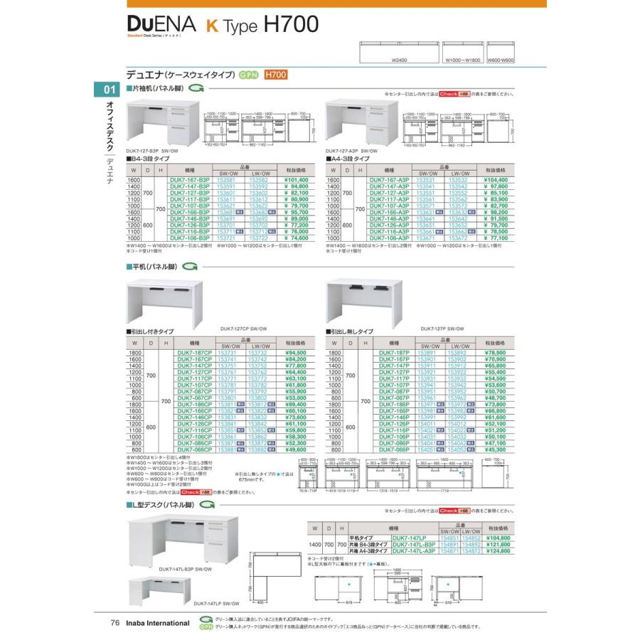 オフィスデスク　平机 DUK7-167CP SW/OW 品番 153741 イナバ 稲葉