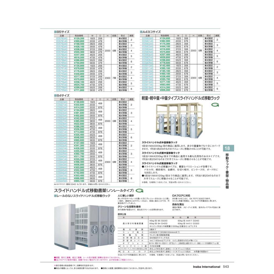 移動ラック・書架・物品棚　スライドハンドル式書架/移動ラック 単移6 B4/6段 品番 E05848A5 イナバ 稲葉