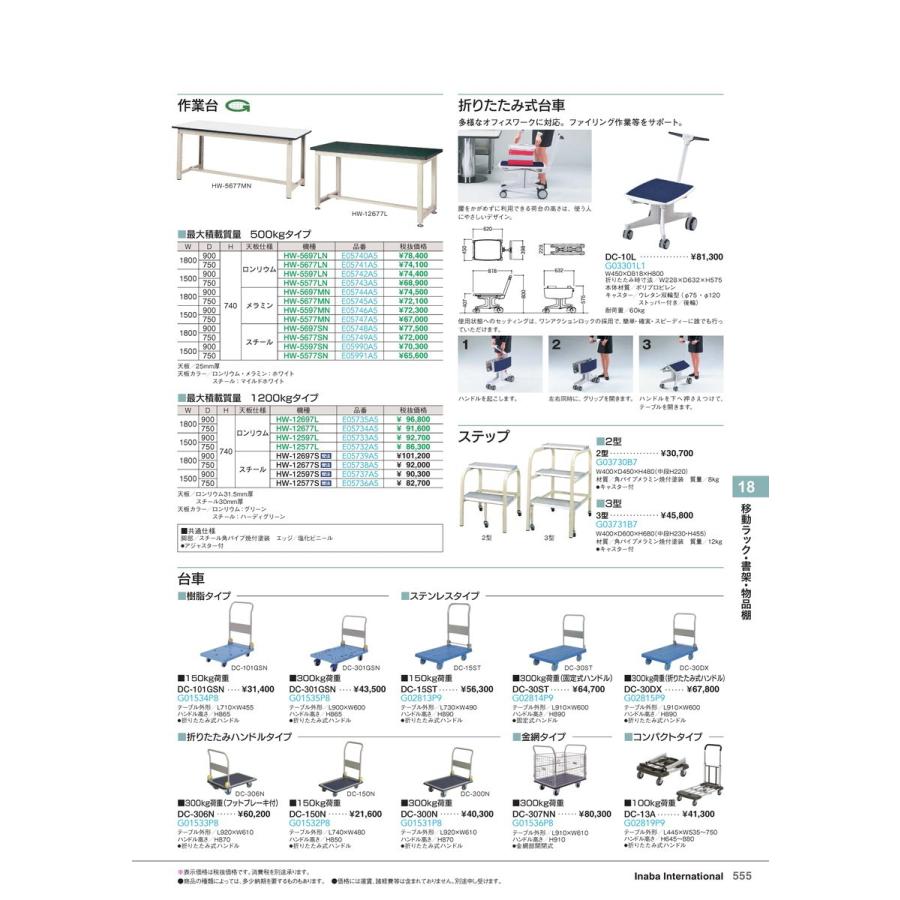 移動ラック・書架・物品棚　作業台 HW-5697MN ホワイト 品番 E05744A5 イナバ 稲葉