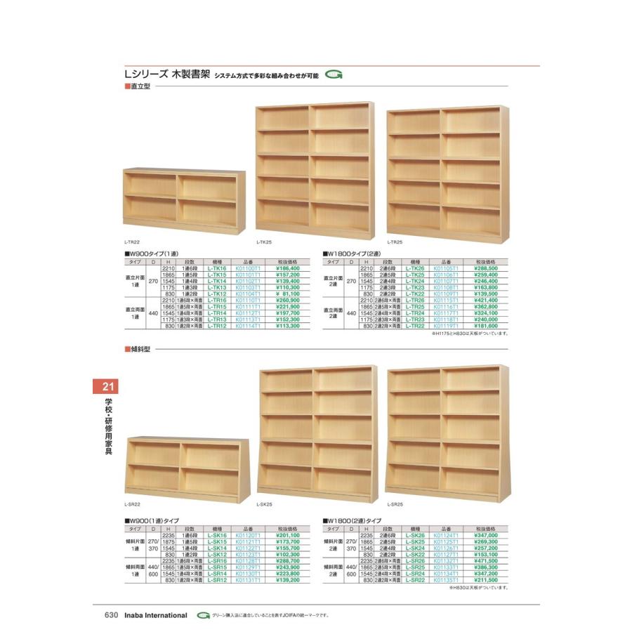 学校・研修用家具 木製書架 傾斜型 L-SR25 両面２連 オーク 品番