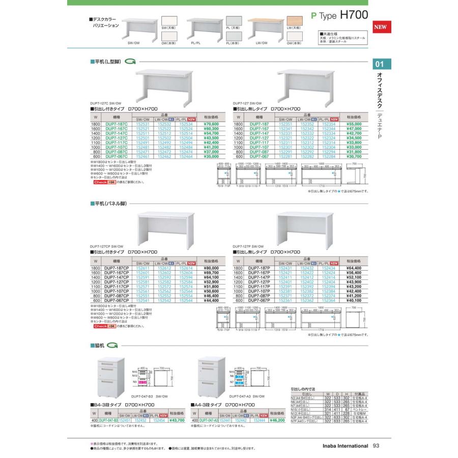 平机(パネル脚)引出無 DUP7-067P PL/PL 品番 152364 イナバ 稲葉