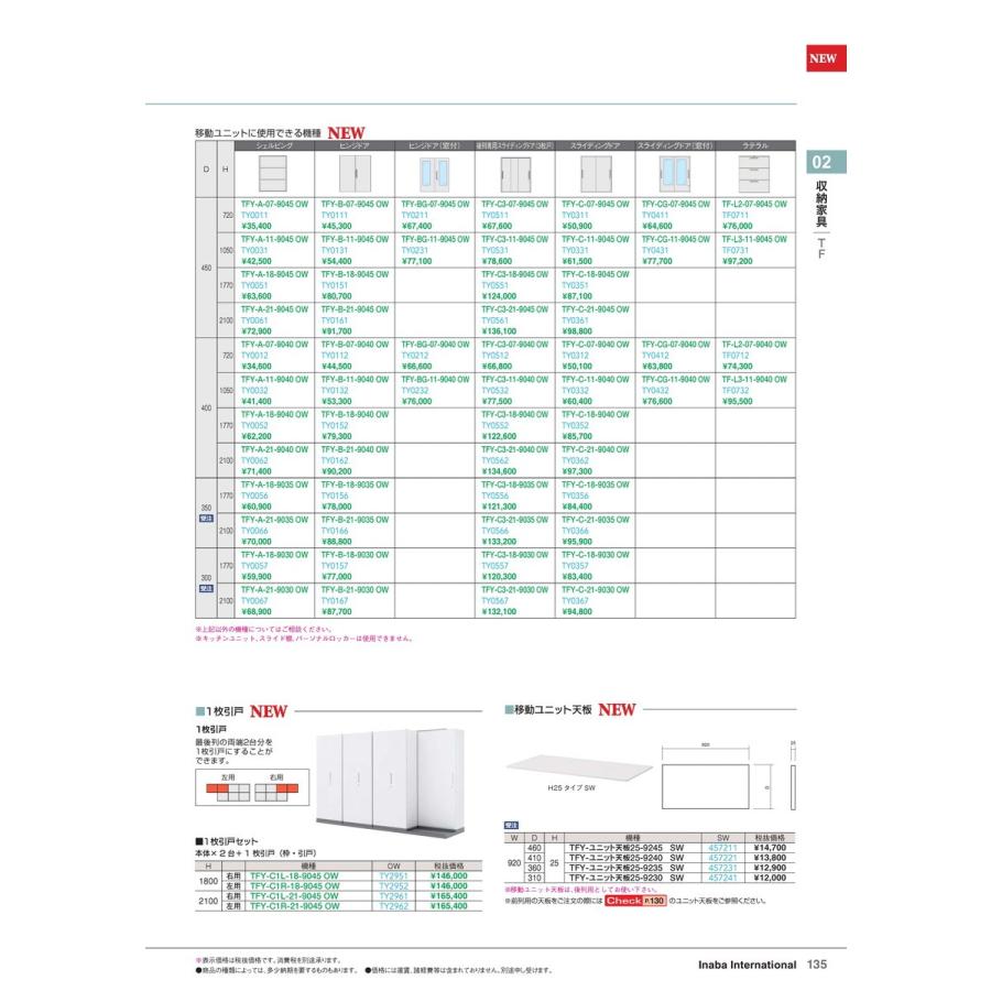 TF移動ユニット TFY-B-18-9045 OW 品番 TY0151 イナバ 稲葉