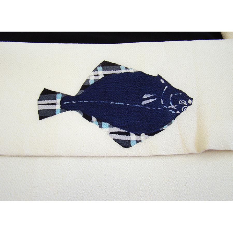 きものしらゆり ちりめん地 象牙色 お魚柄 染 なごや帯 たいこ柄 正絹  