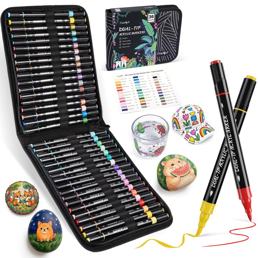 JusArt アクリルマーカーペン 36色セット ペイントマーカー 筆先 細字