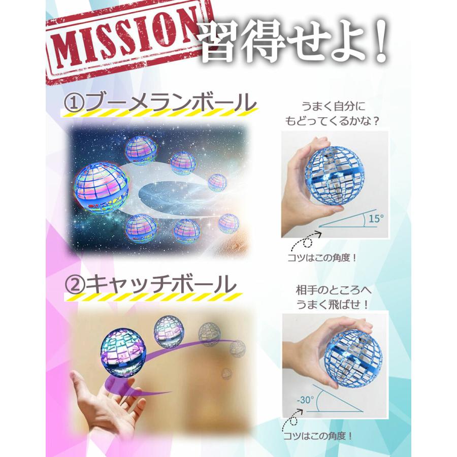 ミニドローン おもちゃ フライングボール 飛行ボールトイ 球状飛行ジャイロ UFO ブーメラン ドローンおもちゃ LEDライト付き 日本語説明書付き  プレゼント