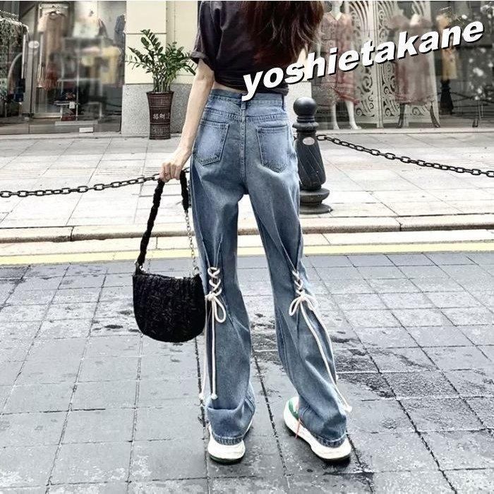 デニム パンツ レディース ジーンズ S M L Xl リボン 個性的 バックシャン おしゃれ Gパン トレンド かっこいい ハイウエスト こなれ感 ルーズ 編み上げ Tur77p ツルタテ屋 通販 Yahoo ショッピング